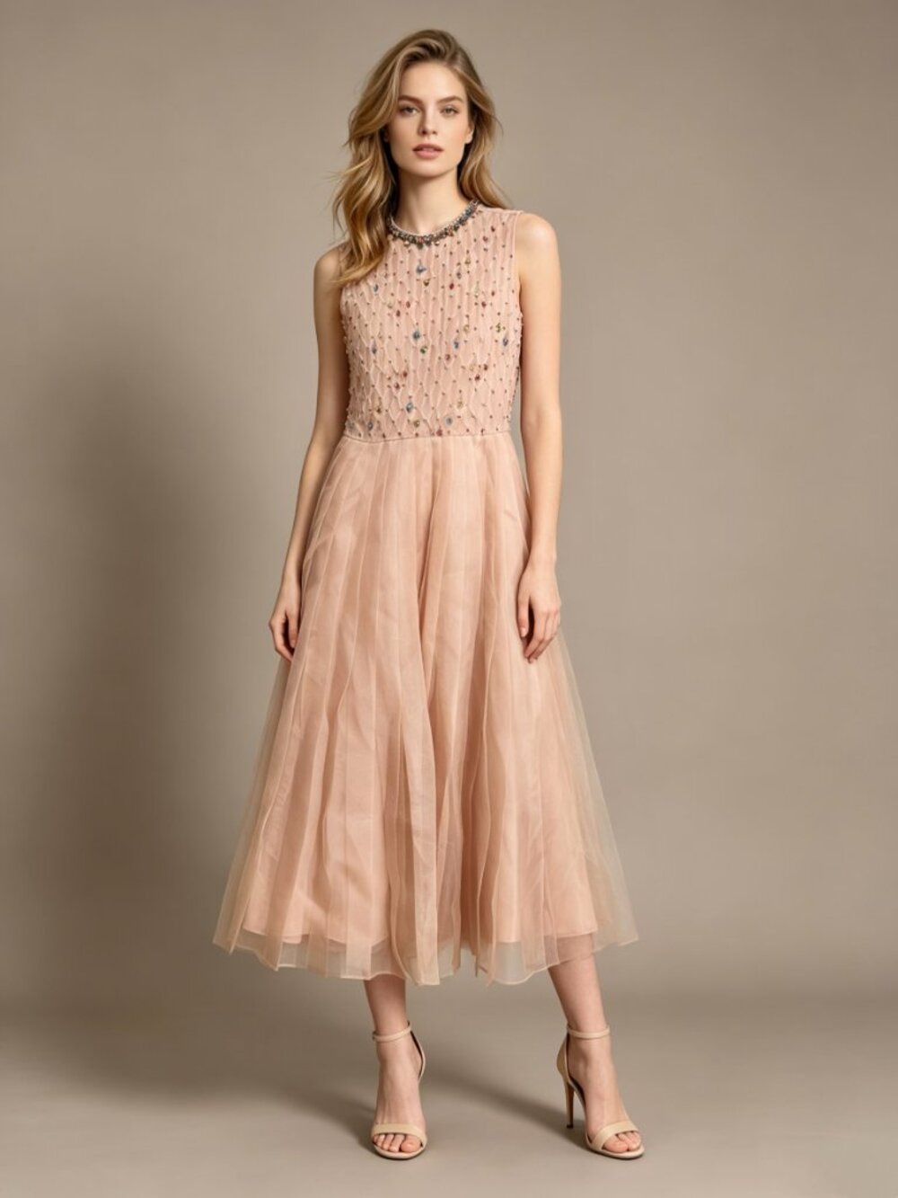 $2140 RED Valentino Silk Crystal-embellished Womens Midi Dress Pink Sz 36